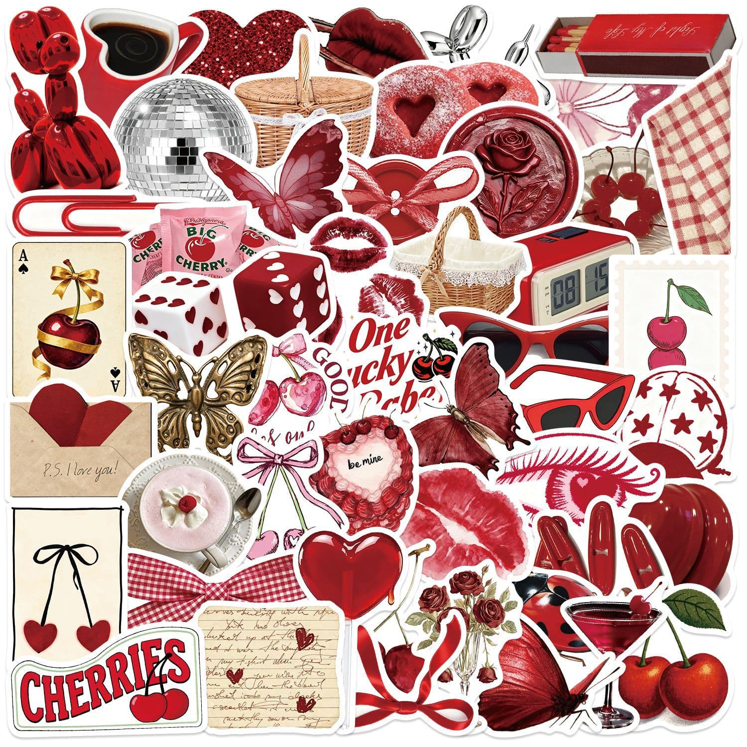 50 Sheets Cherry Coloured Girl Stickers Scrapbook Phone Case Decoration Self-Adhesive Waterproof Stickers