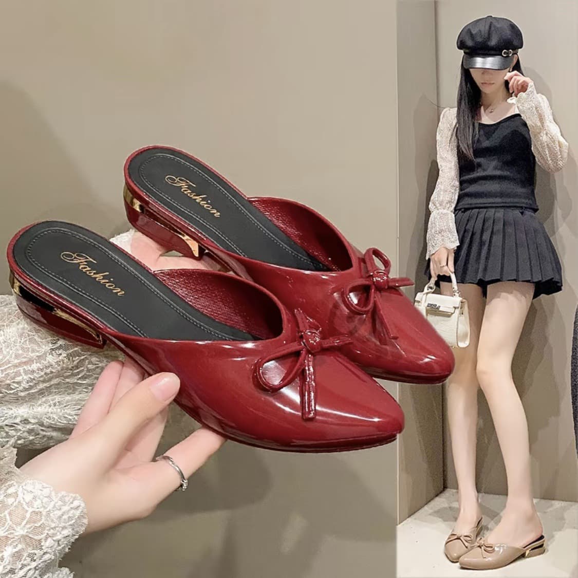 Baotou 2026 Spring Summer Simple French Style Mule High Heel Sandals Pointed Toe Bow Half Slippers Women's Elegant Shoes