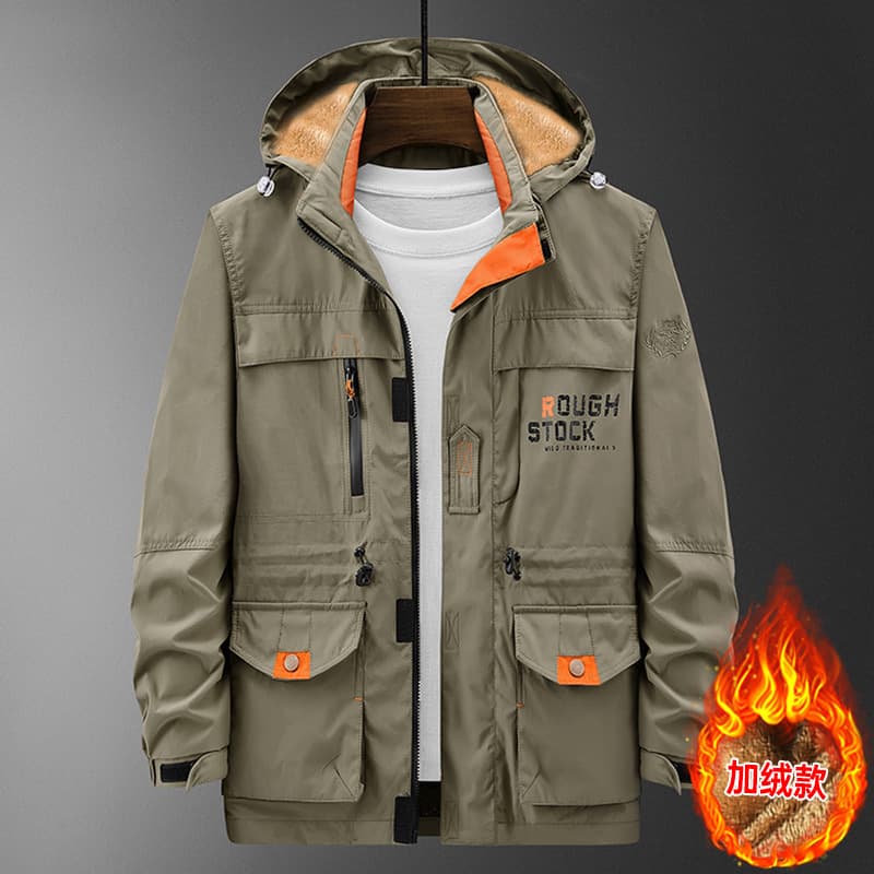 Autumn and winter workwear outdoor casual jacket men's mid-length velvet multi-pocket hooded jacket loose and trendy