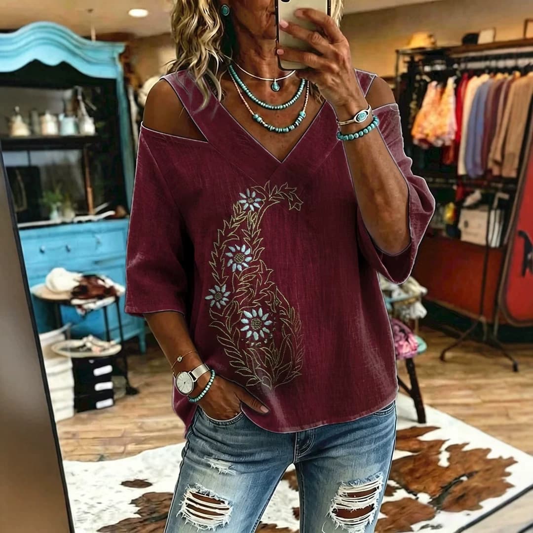 2026 New Loose V-Neck Off-Shoulder Printed Women's Top, Fashionable Casual European and American Style Short-Sleeve T-Shirt