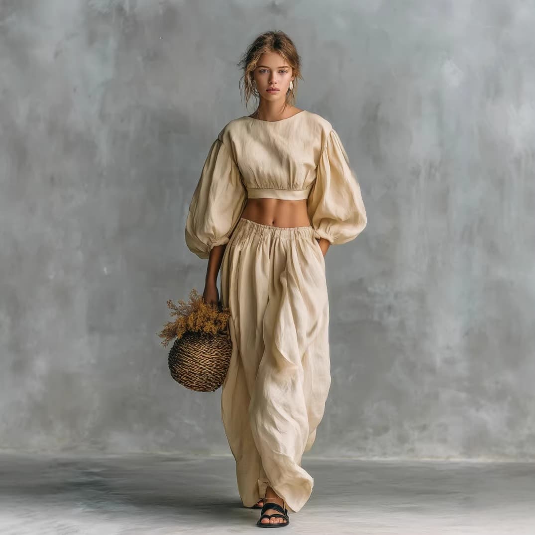 2026 Cross-border Amazon Independent Station Round Neck Bubble Sleeve Pocket Long Pants Casual Women's Set