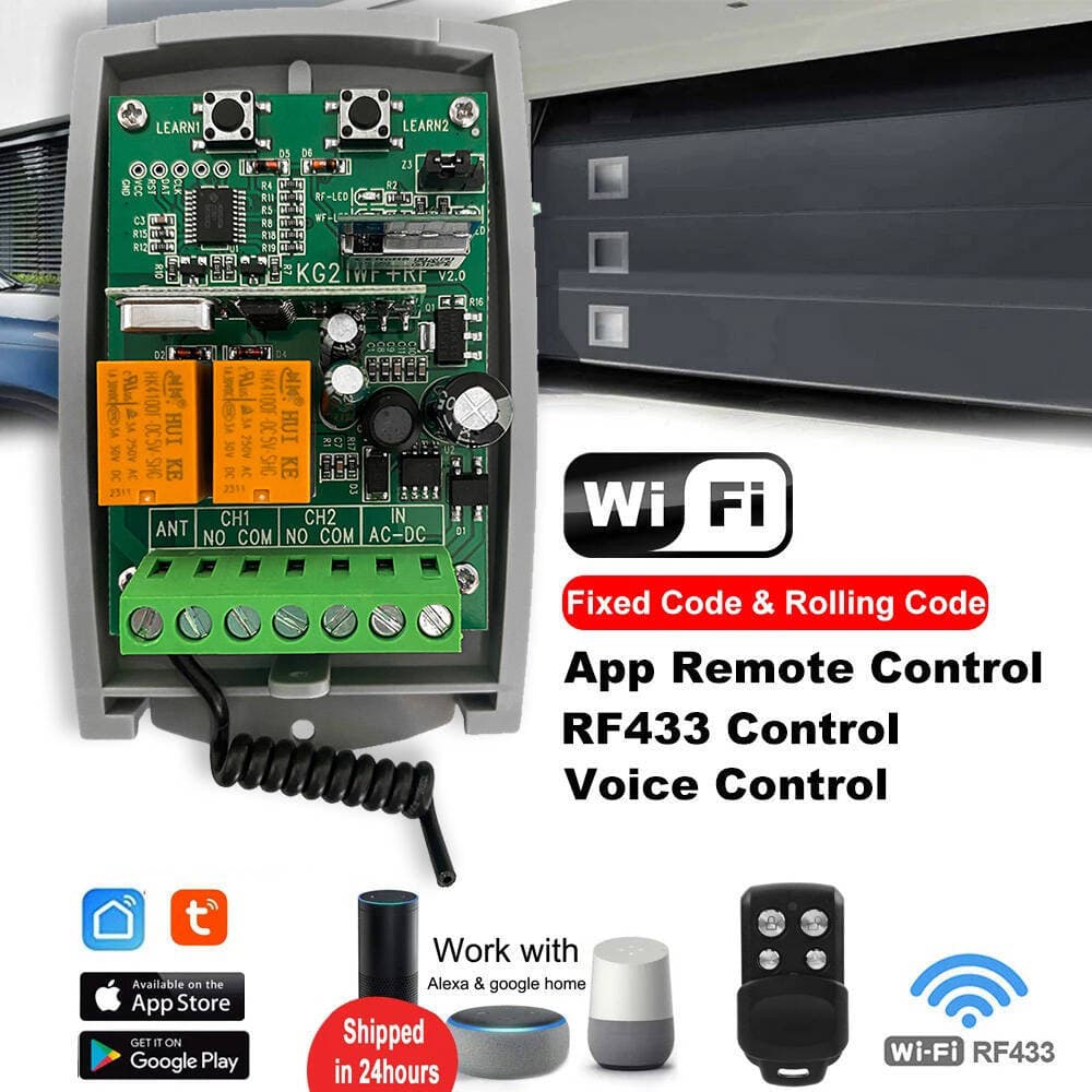 Tuya WiFi Garage Door Receiver 2-Channel 433.92MHz Compatible with Fixed/Rolling Codes 7-32V