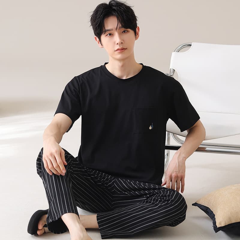 【Pure Cotton】Men's Summer Pajamas Short Sleeve Top and Long Pants Set, Plus Size, Teen Loungewear Set