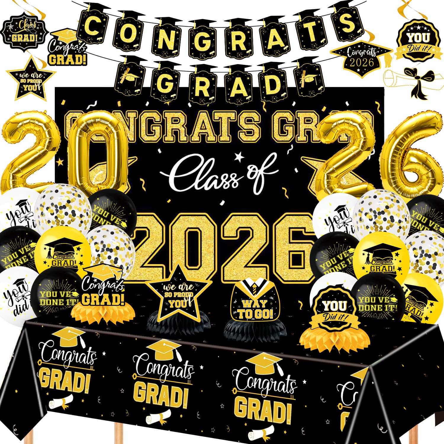 Amazon 2026 Black Gold Graduation Theme Party Supplies Graduation Party Decoration Spiral Decoration Banner Tablecloth