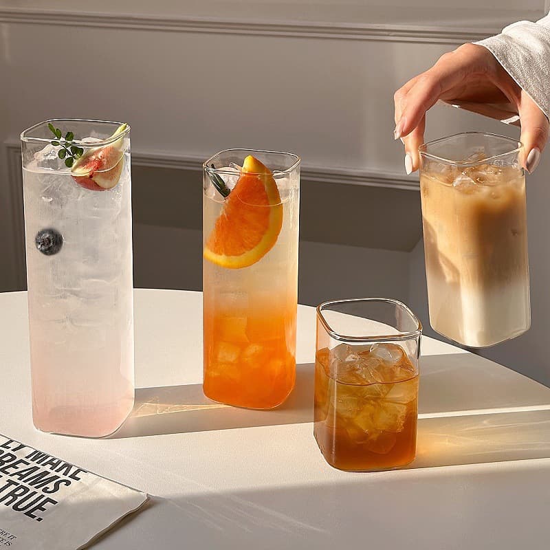 Simple Square Glass Cup, Transparent Summer Juice Cup, Cold Drink Cup, Ins Coffee Cup, Milk Cup, Water Cup for Home Use