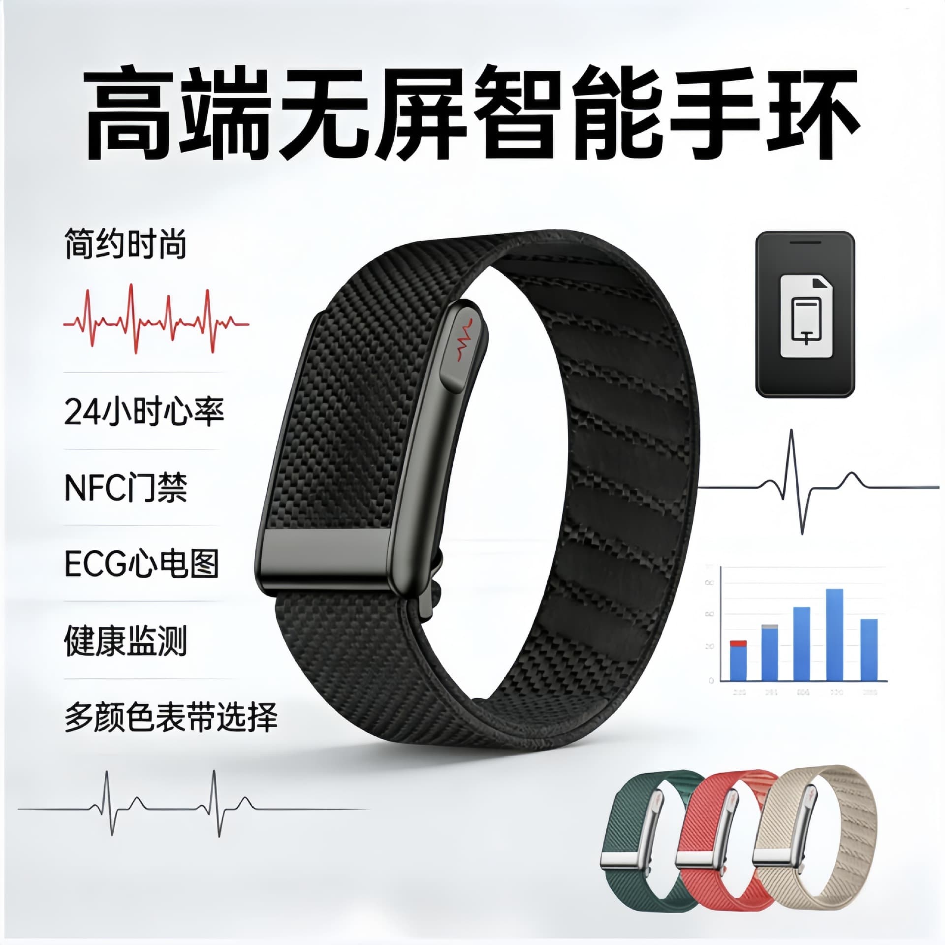 New Cross-Border Screenless Smart Bracelet Waterproof Heart Rate Blood Pressure ECG Monitoring Smart Watch NFC+ECG