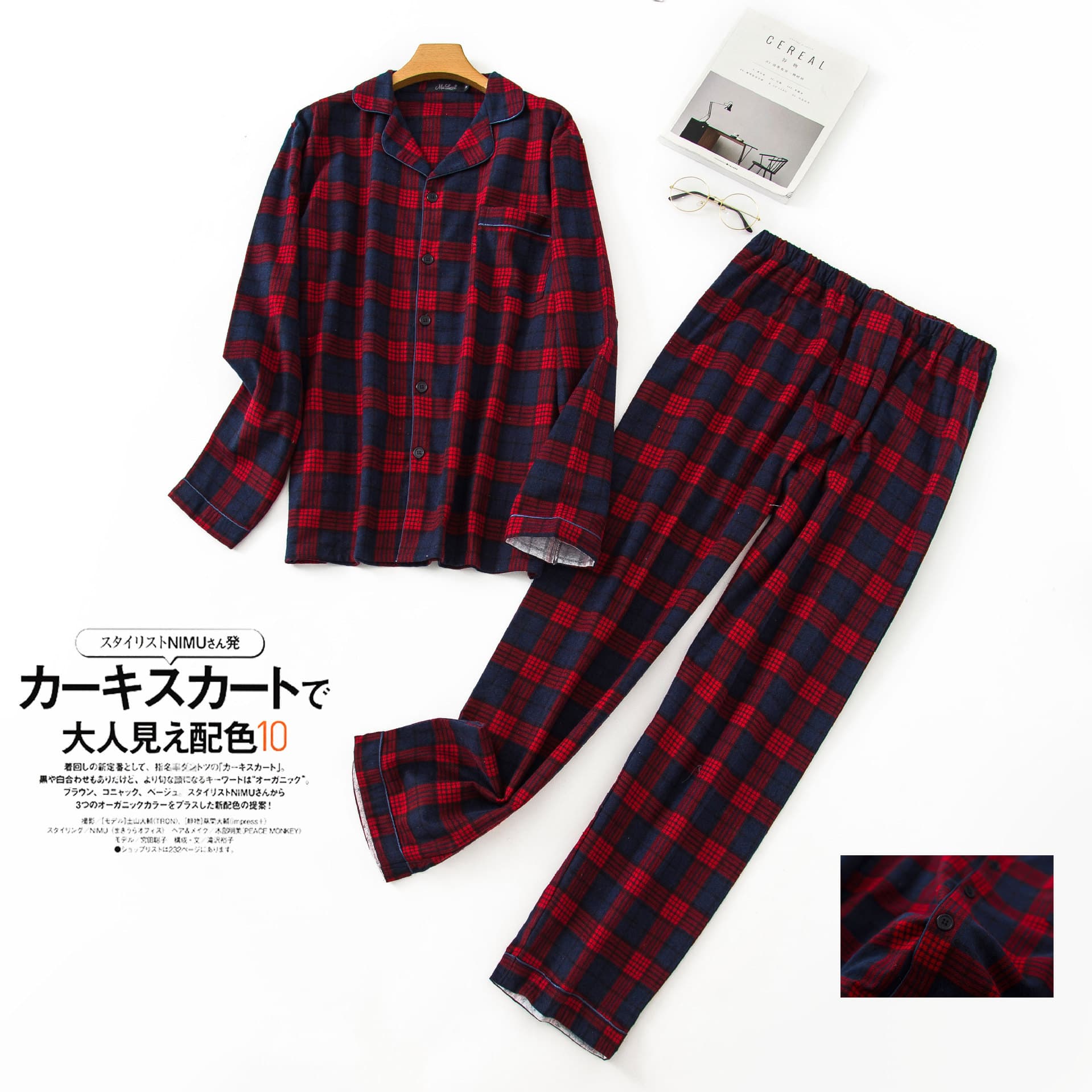 Home wear men's suit autumn and winter pajamas velvet plaid long-sleeved trousers