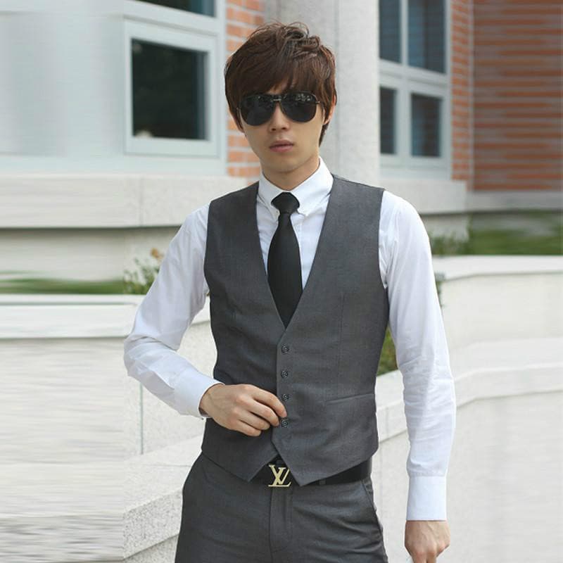 Men's suit vest, formal men's clothing, Korean style, slim fit, professional attire, plus size, V-neck, slim fit.