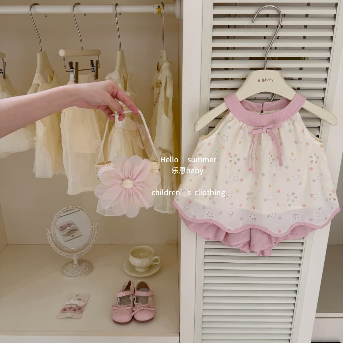 [Leen Children's Clothing] Original design girls' pink floral top, bud shorts, fashionable summer suit