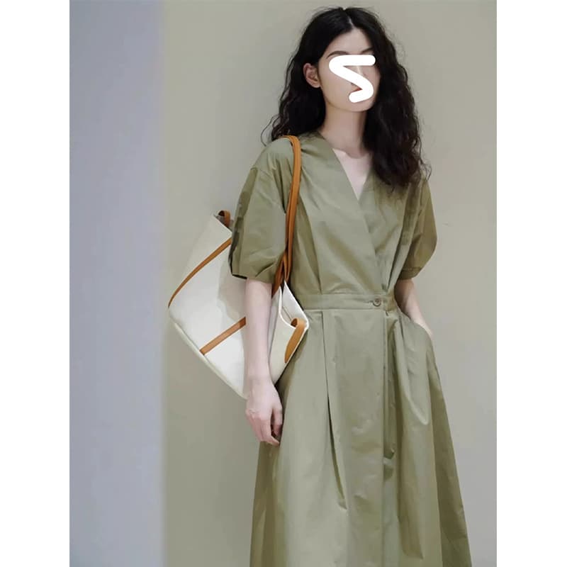 2025 summer large size French green fat mm dress women's shirt skirt temperament wear waist skirt 2583.
