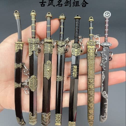 Chinese ancient style sword set, ancient toy, cold weapon alloy ornament, metal figurine, collectible, unsharpened.