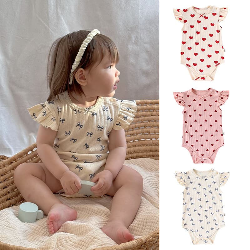 Baby Summer Pure Cotton Class A Newborn Bodysuit for Boys and Girls, Lace Sleeve Round Neck Romper