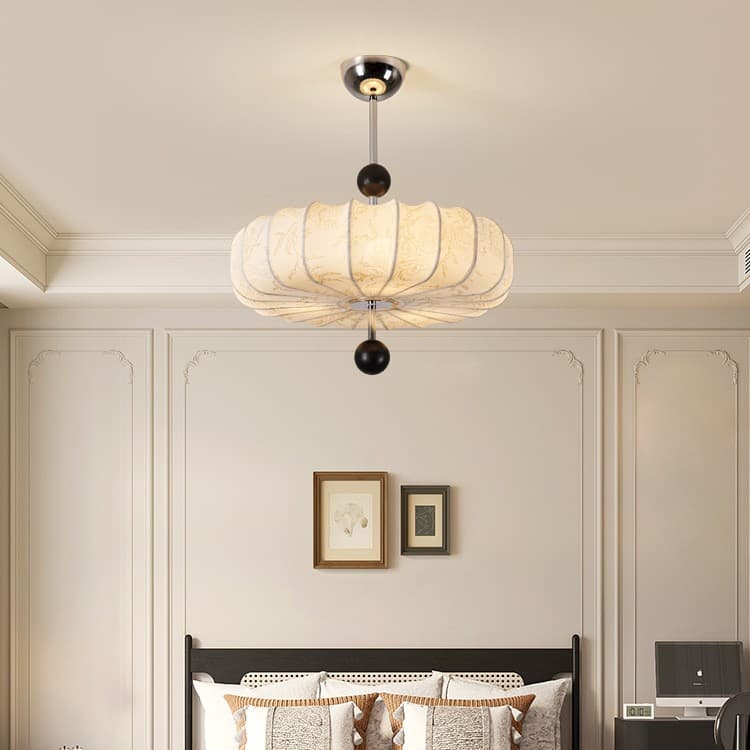 French Vintage Bedroom Ceiling Lamp Song Dynasty Aesthetics Solid Wood Pattern Fabric Light Nanyang Style Eye-Caring Main Bedroom Room Light