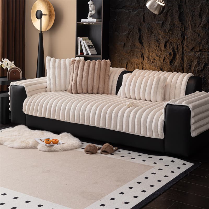 Cat-Stroke Feel Camel Fleece Sofa Cushion Winter Anti-Slip Thick Straight Row Seat Cushion Simple Modern Premium Sofa Cover Throw