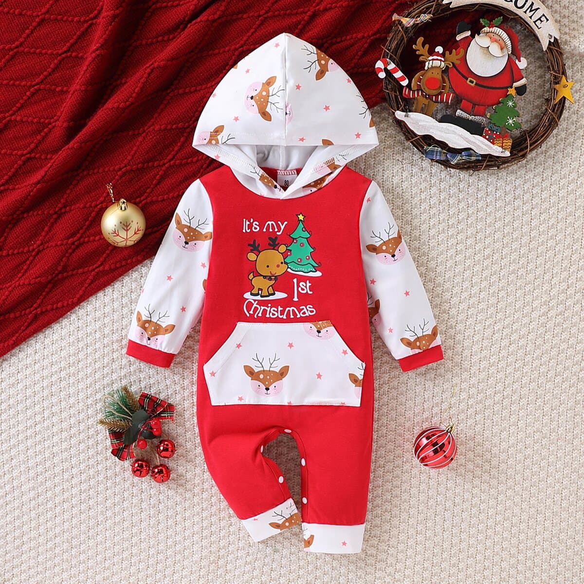Children's European and American Autumn/Winter Christmas Reindeer Hooded Long-Sleeve Long-Pants Romper Ins Style