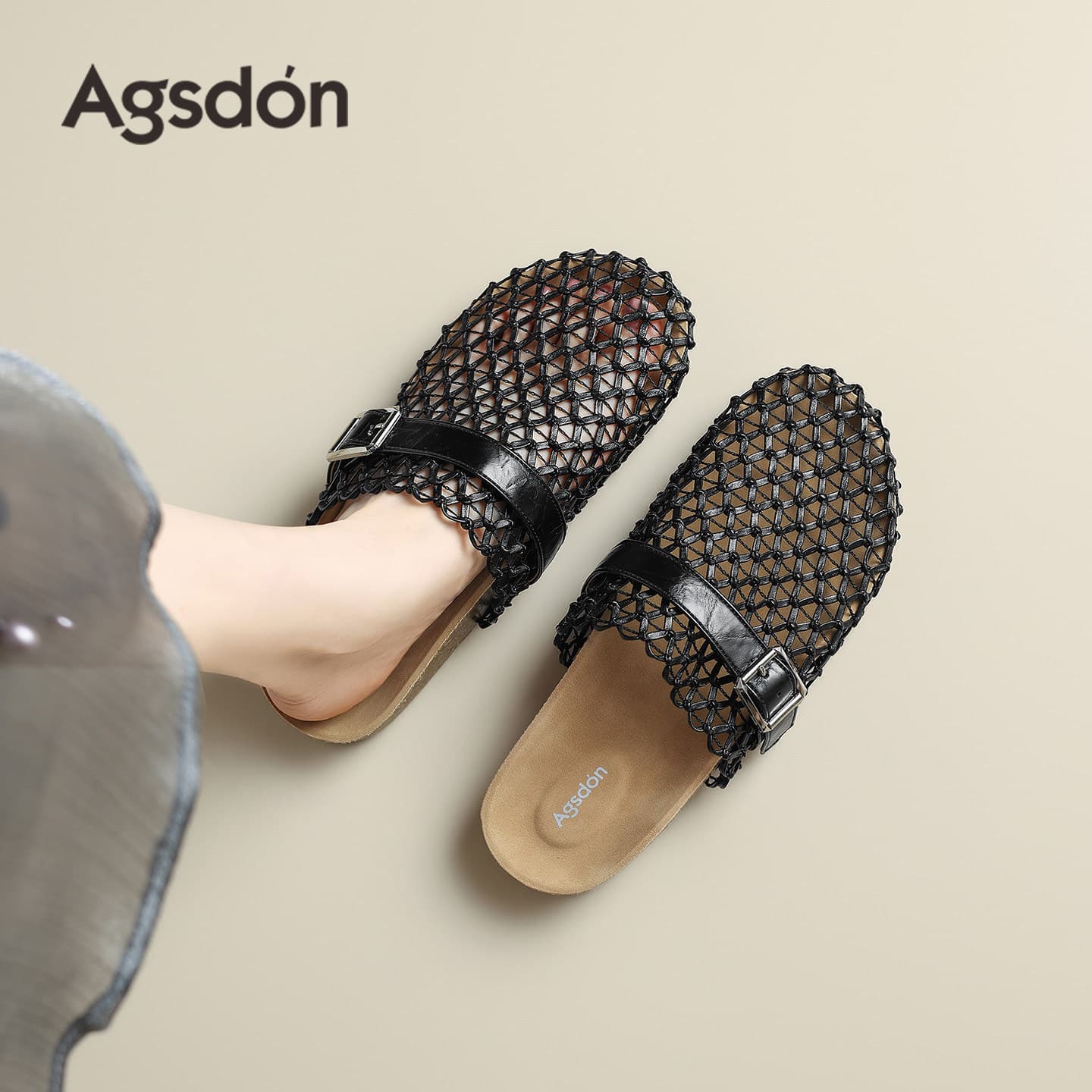 Aogushideng Black Closed-Toe Slippers Women 2026 New Summer Outdoor Woven Fishnet Comfortable Half Slippers Sandals