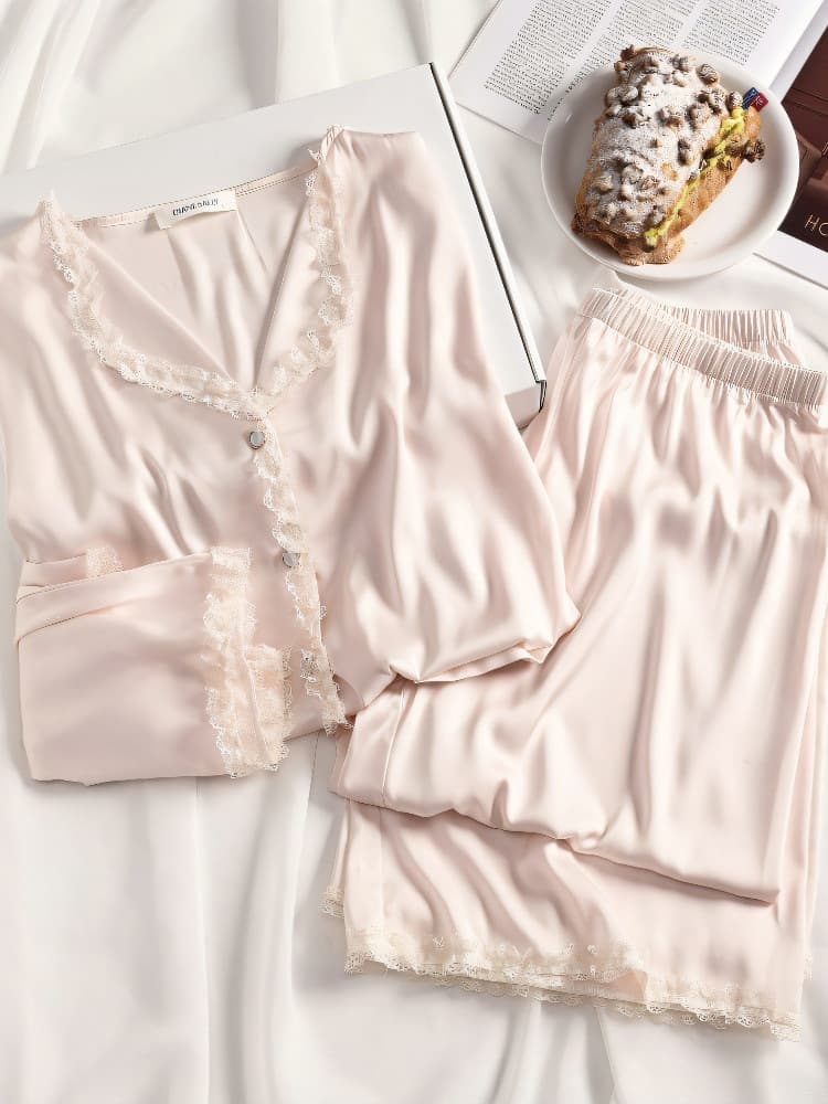2026 Spring Summer Autumn Silk Pajamas Women Sweet French Court Style Long Sleeve Short Sleeve Mulberry Silk Homewear Set