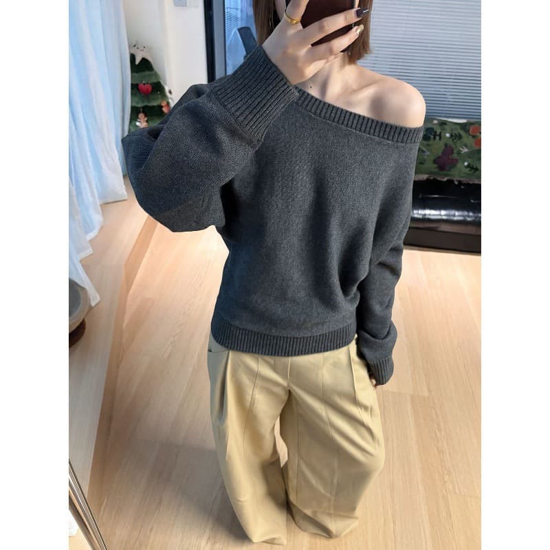 French Vintage Relaxed One-Shoulder Off-Shoulder Sweater Loose Elegant Asymmetrical Knit Top Thick Women
