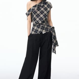 PUNCH 26SS Summer New Off-Shoulder Plaid Irregular Lyocell Sleeveless Streamer Top, Plaid Top