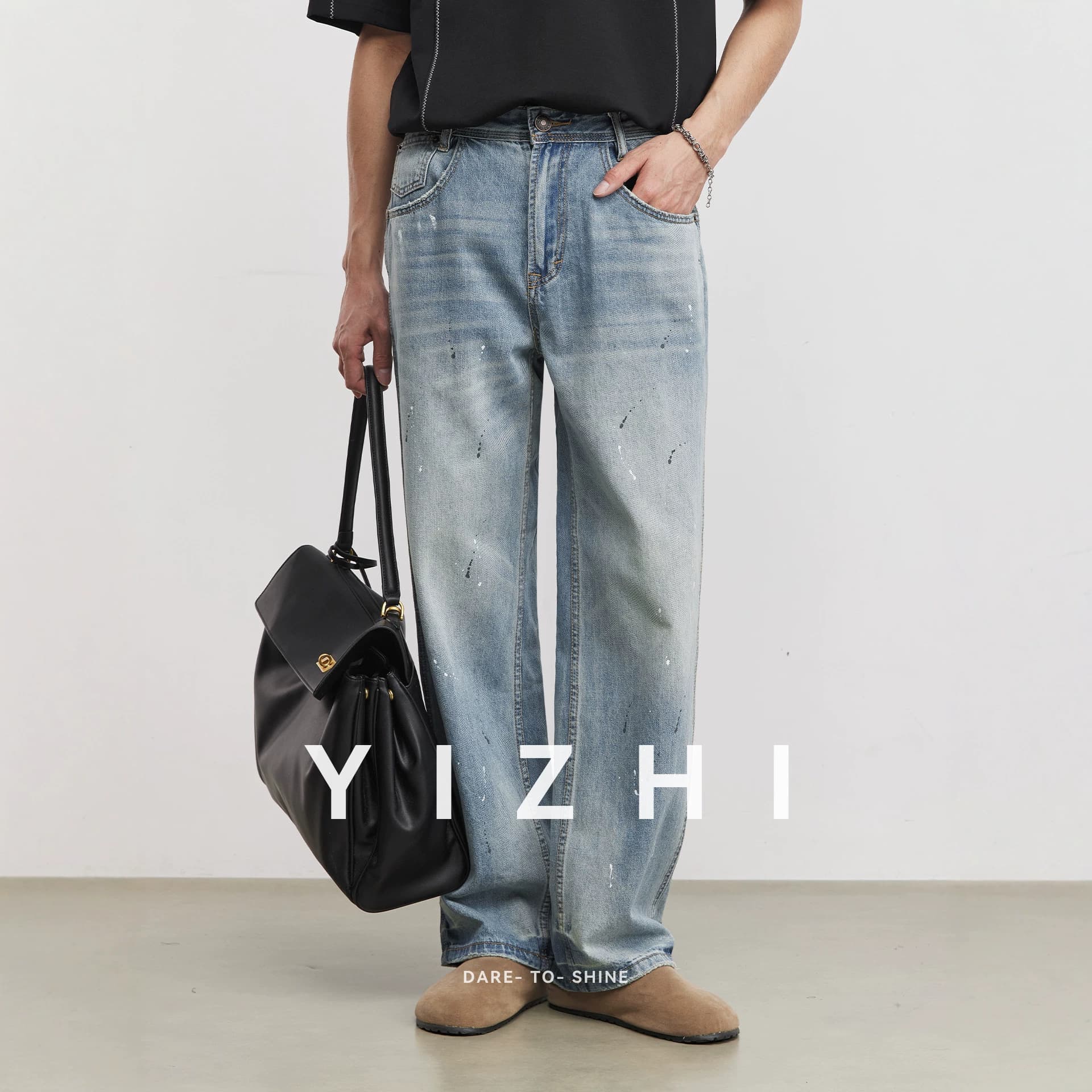 Yizhi Washed Distressed Ink Splatter Denim Jeans for Men Summer Loose Straight Wide Leg Pants American Retro Gradient Long Pants