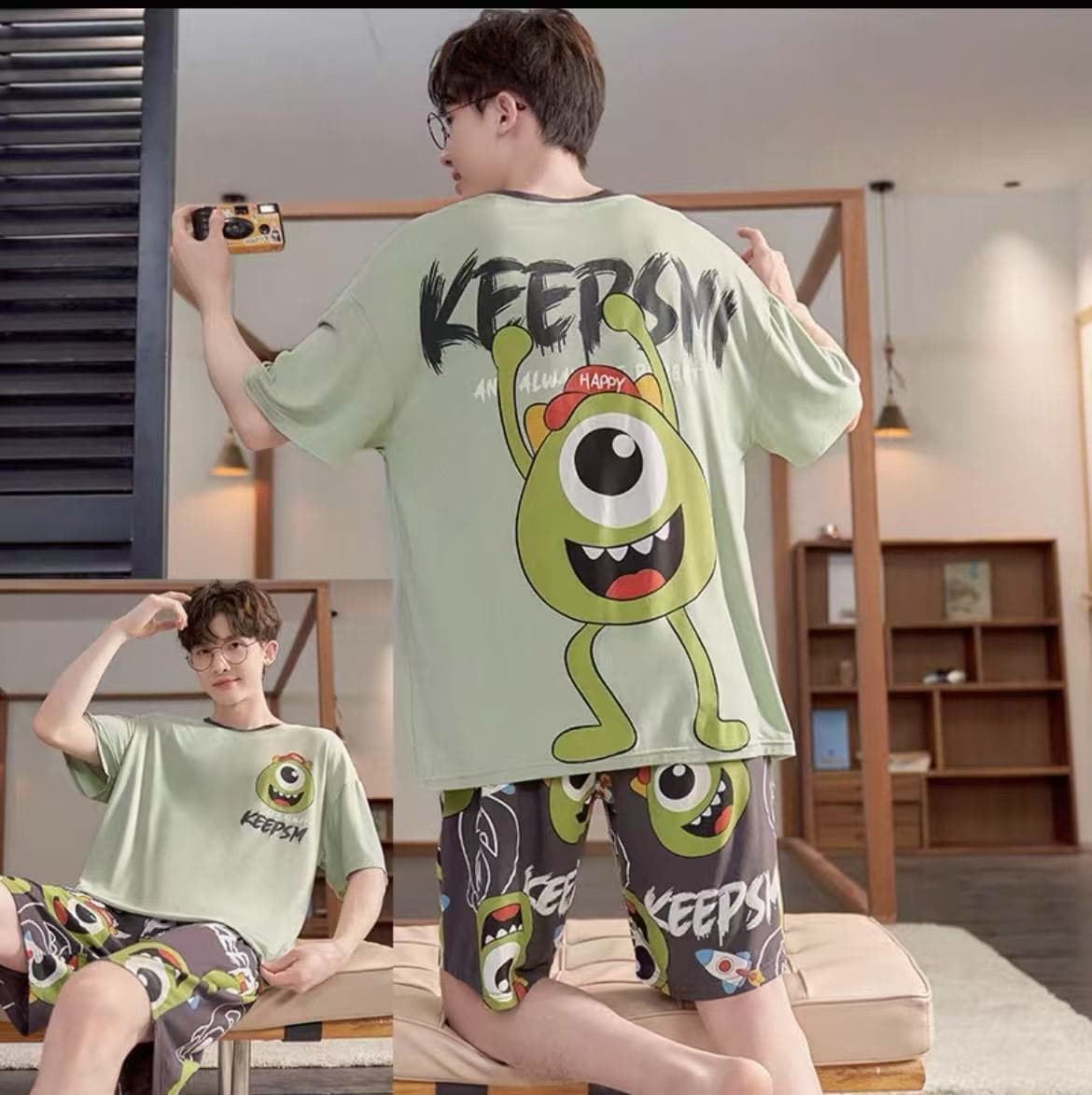 Men's Pajamas Summer Short Sleeve Thin Cartoon Modal Teen Men Plus Size Summer Loungewear Set
