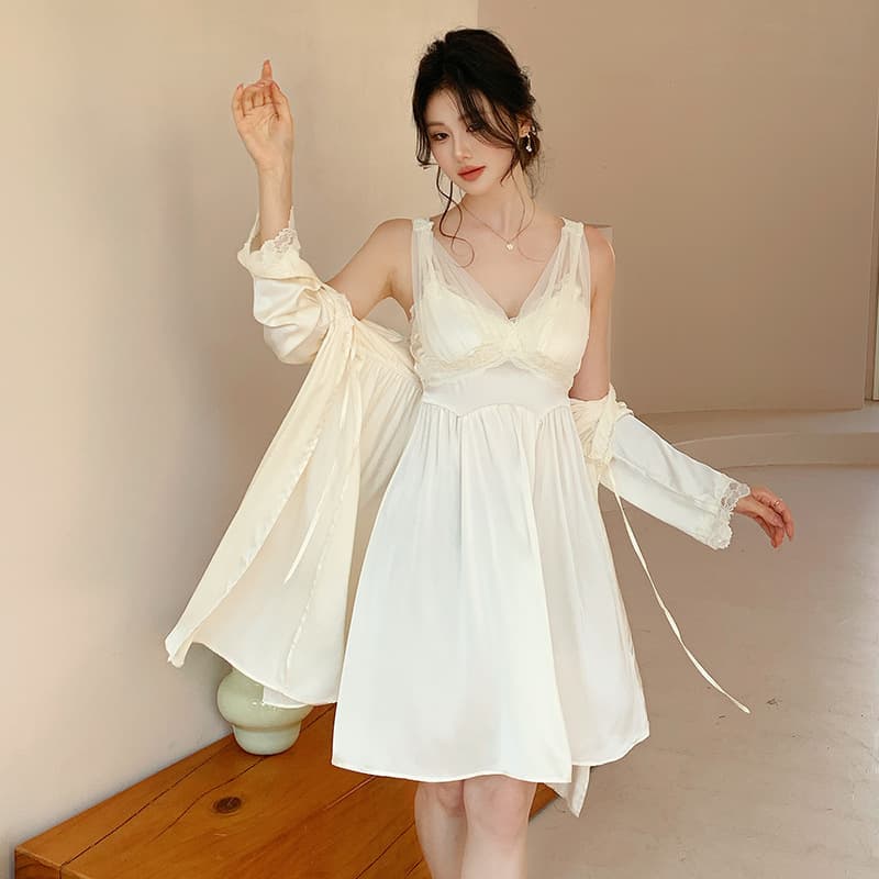 French Nightgown Sexy Women's Summer Satin Suspender Nightgown with Breast Pads, Lace Pure Lust Style Home Clothes That Can Be Worn Outside