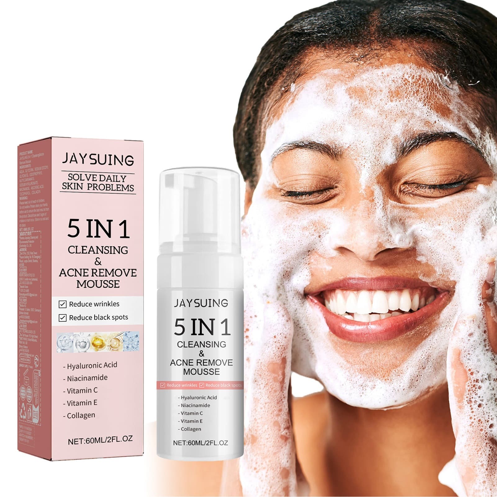 JAYSUING 5-in-1 Facial Cleansing Mousse Gentle Nourishing Cleanse and Moisturize Skin Daily Face Wash Foam
