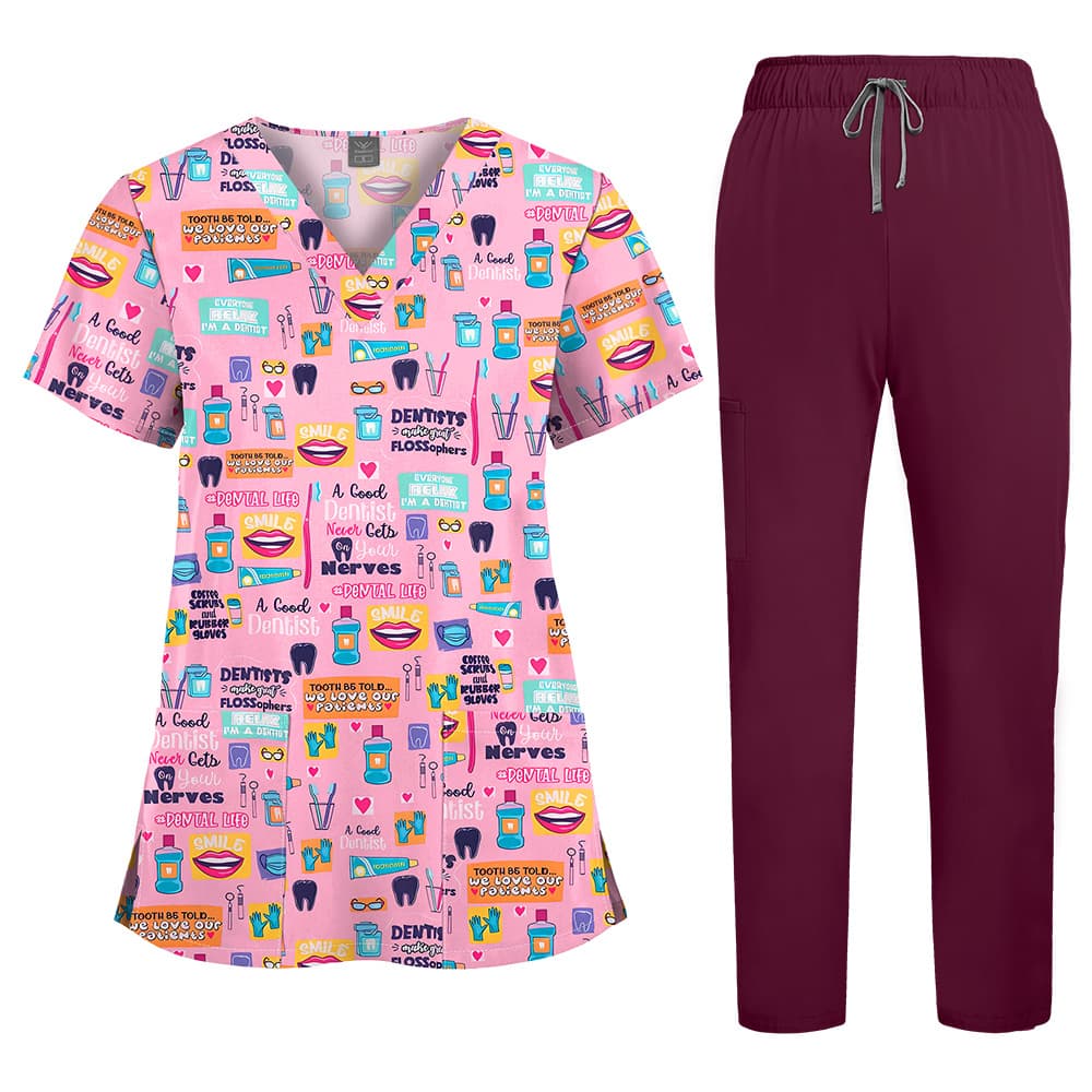 Floral V-Neck Stretch Quick-Dry Workwear Set Nurse Uniform Pediatric Clinic Scrub Top and Pants for Men and Women Multiple Patterns