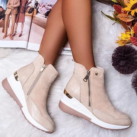 Side Zipper Wedge Brown Solid Color Round Toe Women's Martin Boots Thick Sole Warm Cross-Border Snow Boots Low Tube Winter Blue