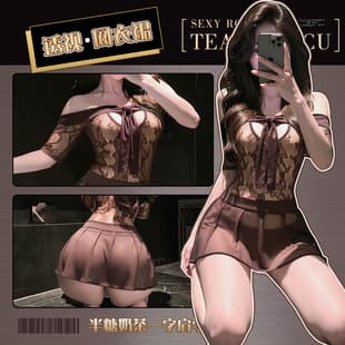 Lingerie Half-Sugar Milk Tea One-Shoulder College Style Hollow Mesh See-Through Uniform Dress Sexy Sleepwear