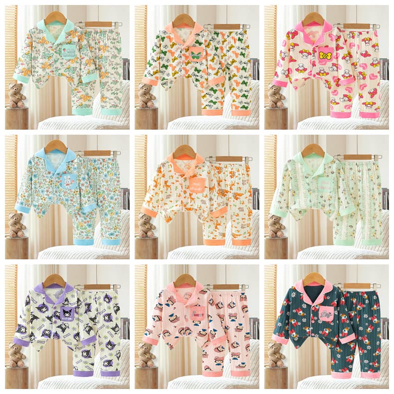 2026 Kids' Pajamas Autumn Button-Up Long Sleeve Top and Pants Boys Girls Homewear Set Factory Direct