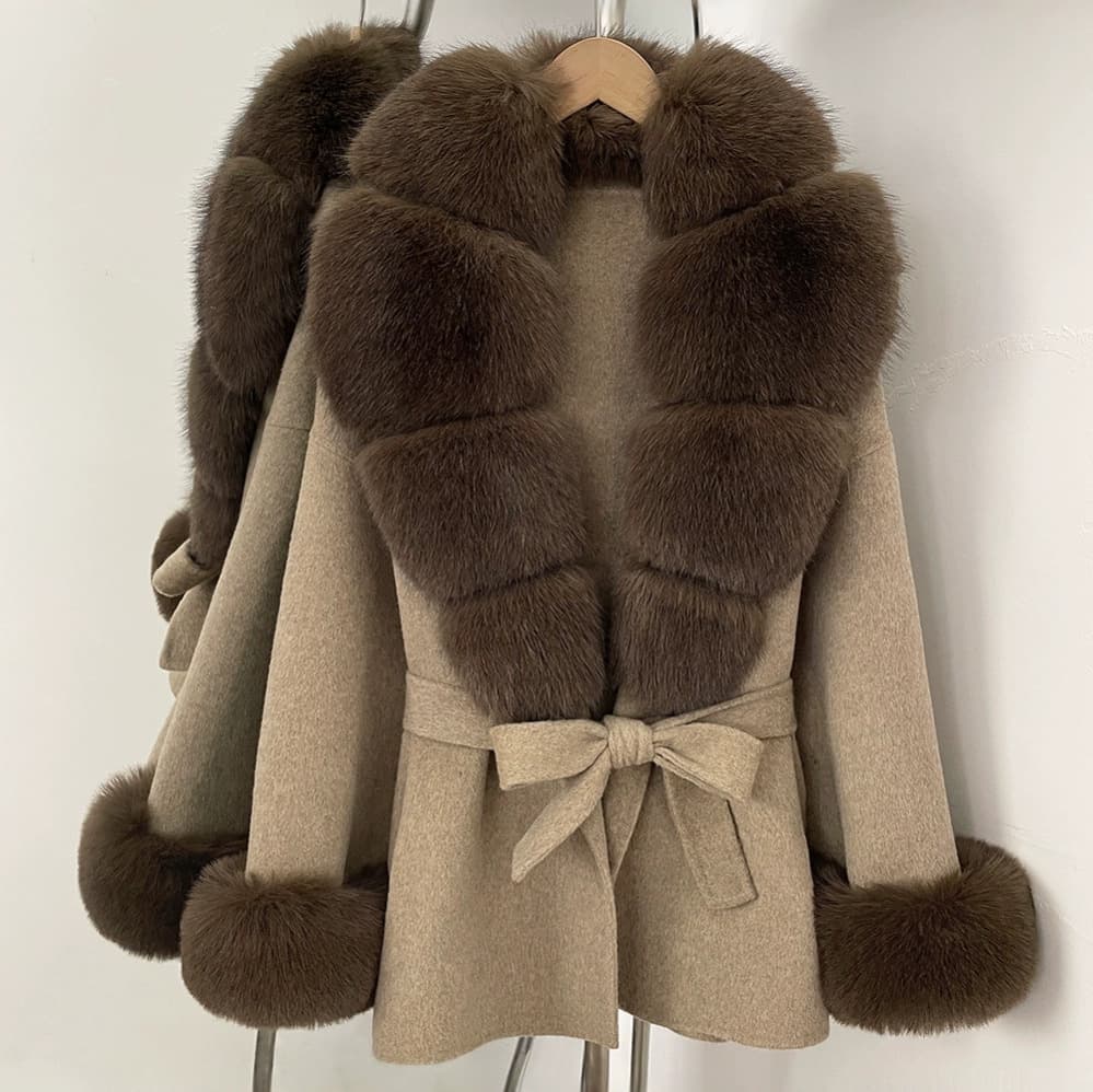 2025 Autumn/Winter New Faux Fox Fur Belted Waist Slimming Fashionable Double-Faced Cashmere Coat