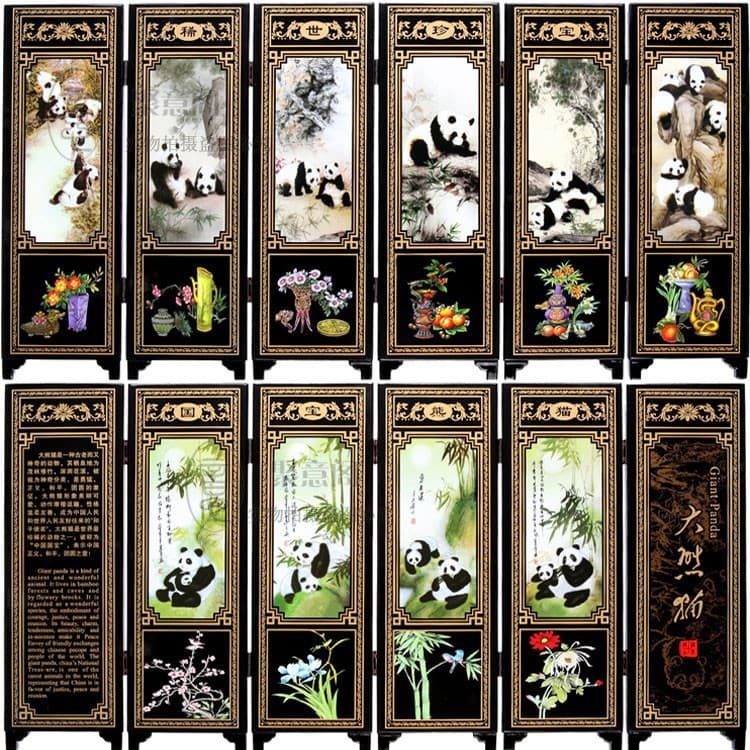Antique-Style Lacquerware Wooden Small Screen Decorative Ornament Chinese Characteristic Gift for Foreigners Six-Panel Panda