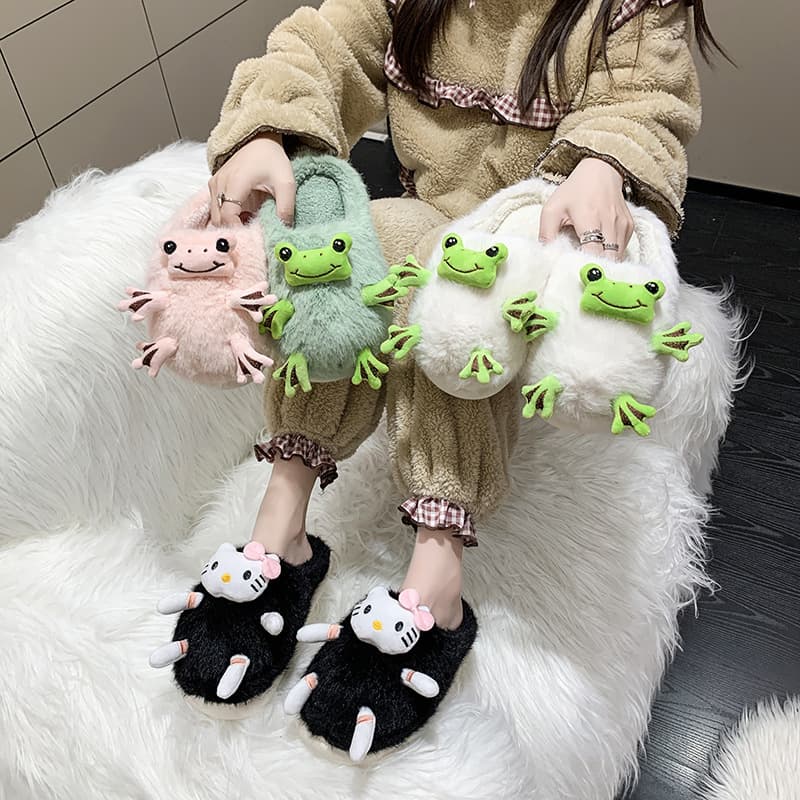 Cute Funny Frog Furry Slippers for Women, New 2025 Fall/Winter Outdoor Thick-Soled Warm Closed-Toe Cotton Slippers