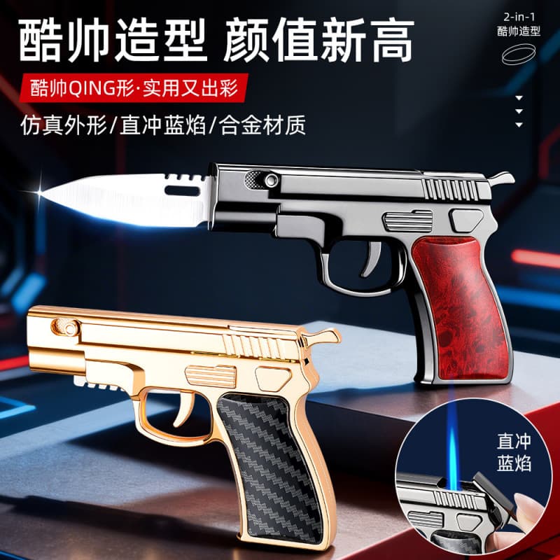 Pistol-shaped lighter with folding knife, alloy straight-through lighter, outdoor multi-functional gun-type lighter new model