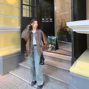 Vintage Brown Leather Jacket Women Short 2025 Fall Petite Korean Style Loose Fitting Biker Motorcycle Coat