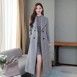 Trench Coat 2024 Spring Autumn New Woolen Coat Women Over Knee Thickened Plus Size Lapel Ultra Long Slim Waist Outerwear