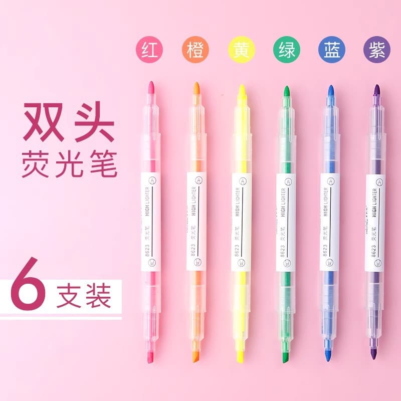 Double-ended highlighter, student notebook pen, marker, colored marker, 6-color drawing pen, stationery wholesale