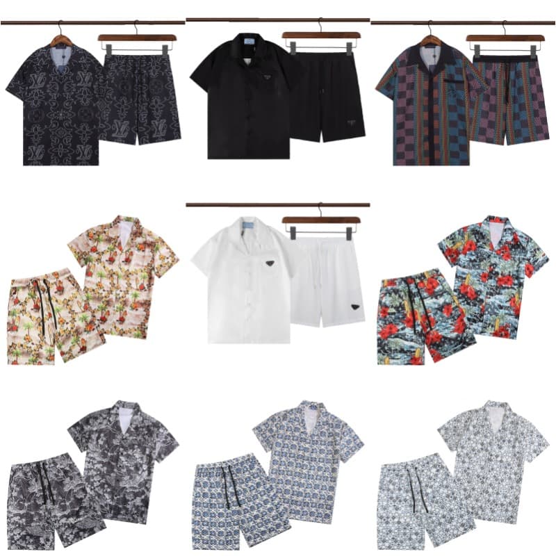 Cross-border wholesale trendy fashion brand Pujia Lvjia men's and women's all-over print beach short sleeve shirt set