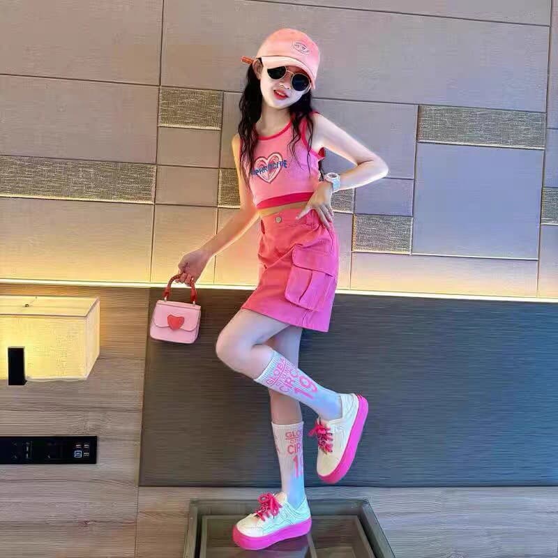 Girls' Short Skirt Set Summer 2025 New Children's Workwear Dopamine Pink Sleeveless Vest Top Trendy
