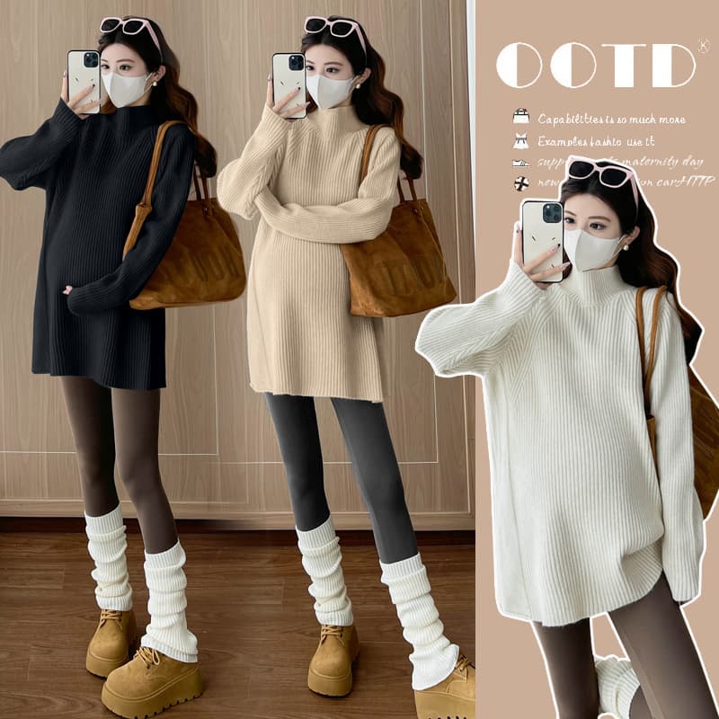 2025 New Maternity Wear Lazy Style Mid-Length Pullover Sweater, Autumn/Winter Thick Versatile Slimming Knitwear