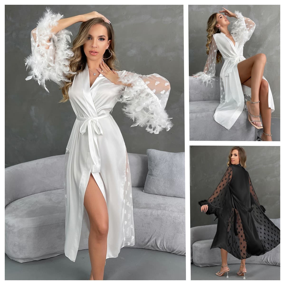Mufei Cross-border European and American Sexy Feather Heart-shaped Mesh Sleeve Satin Robe Black White Long Tie Home Gown 811