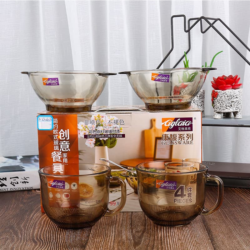 Aigelaiya Kangfu Series Breakfast Cup and Bowl Four-Piece Set Gift Box Glass Cereal Cup Gift Box Set