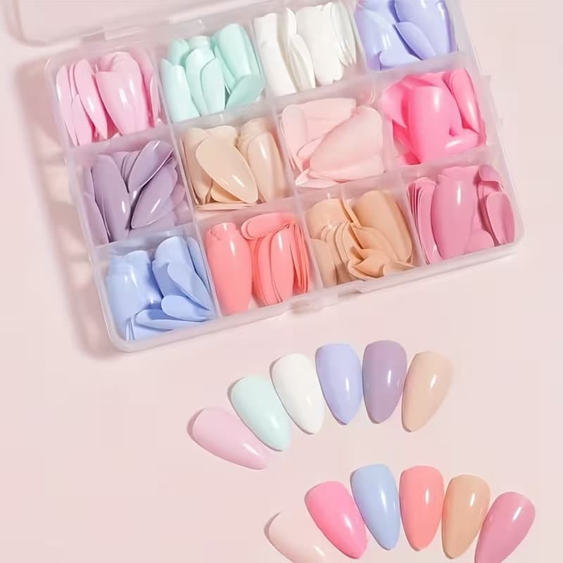 12 Grid 288 Pieces Solid Color Nail Tips Summer Macaron Candy Color Fake Nails Set Press On Nails