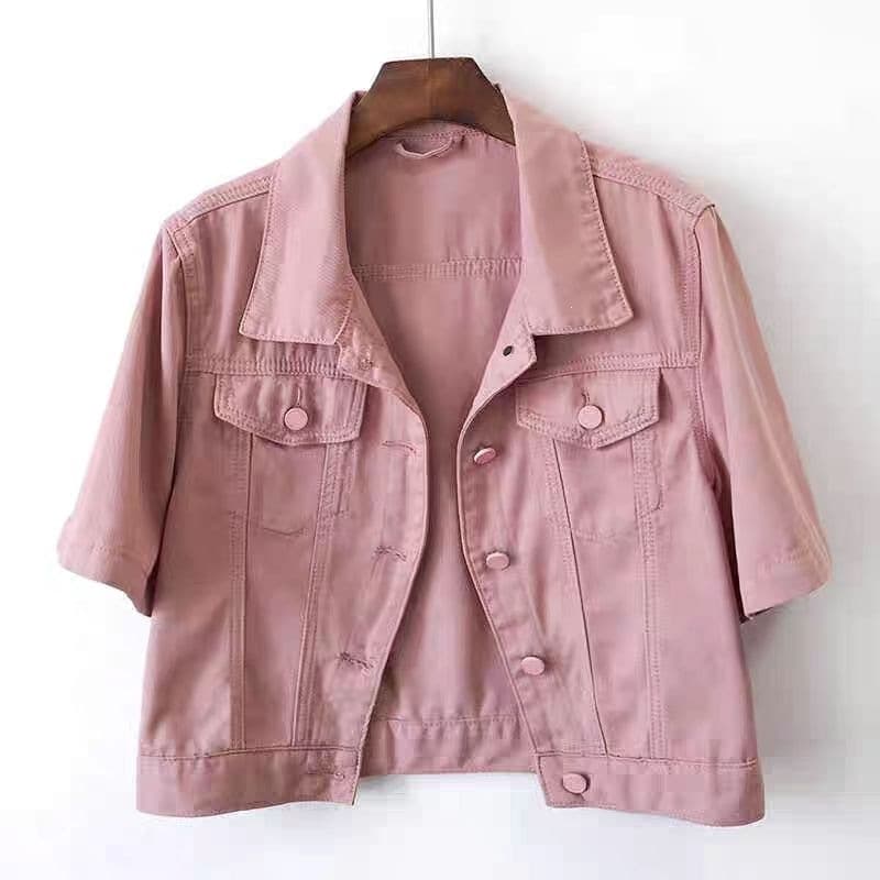 European-style Pink Denim Jacket Short Women's Short Sleeve 2026 Spring Summer High-end Casual Thin Jacket with Skirt