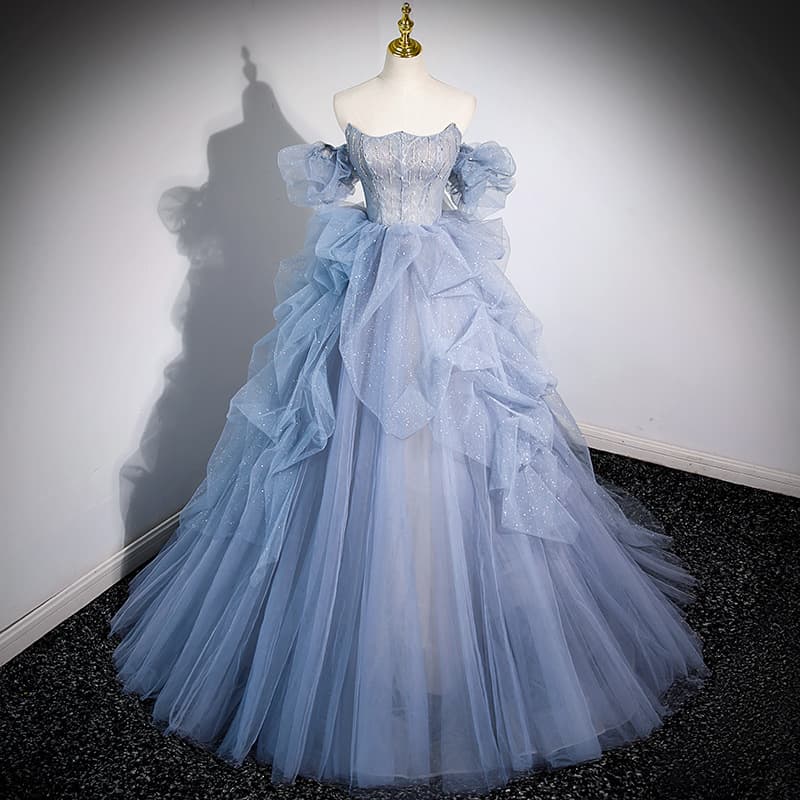 One-Shoulder Evening Dress, Sexy Fairy Piano Performance Adult Ceremony Wedding Dress, Bel Canto Solo Blue Tulle Dress, Art Exam