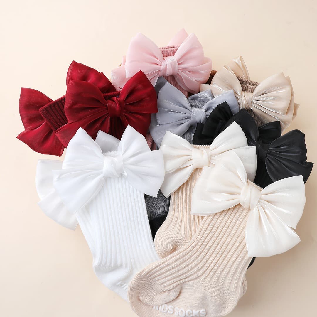 Kids Bow Cotton Socks All-Season Baby Socks Non-Slip Floor Socks Baby Ribbed Mid-Calf Socks