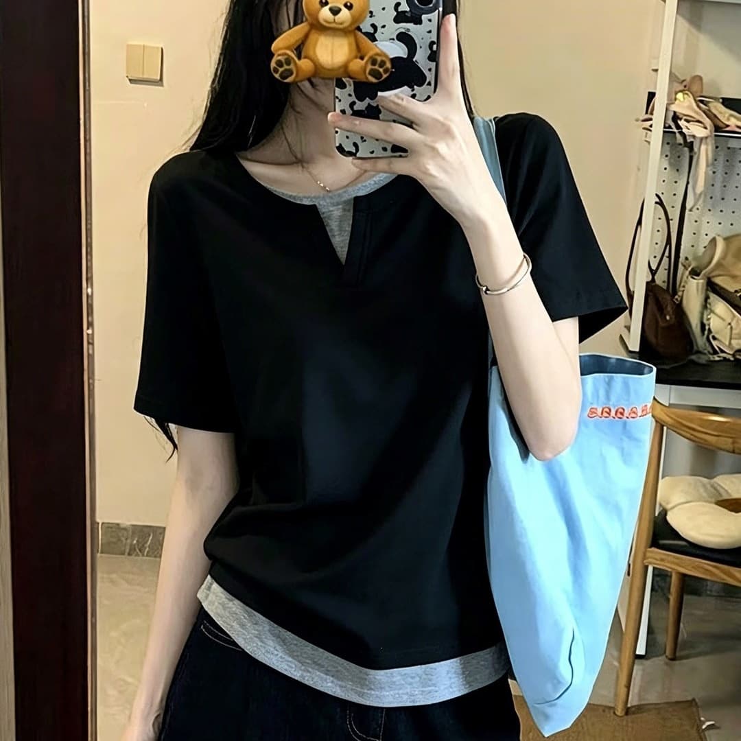 Designer Niche Regular Shoulder Fake Two-Layer Collar Short Sleeve T-Shirt for Women Summer Loose Slimming Casual Half-Sleeve Top