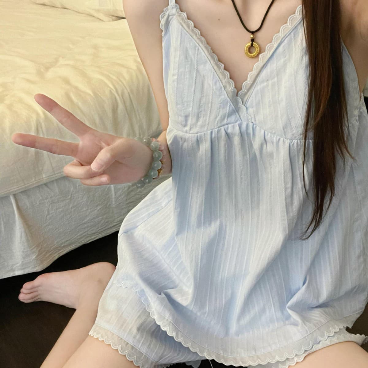 Pure Cotton Blue Camisole Short Pajama Set for Women, Summer New with Padded Bra, Thin Wearable Outside Homewear Set
