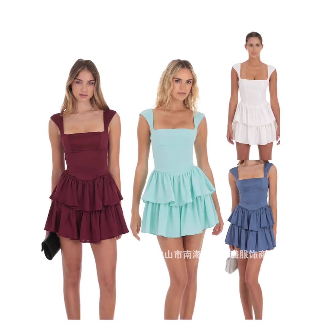 Cross-border European and American sexy evening dress, square neck, halter neck, tight bust, double-layered pleated short party dress